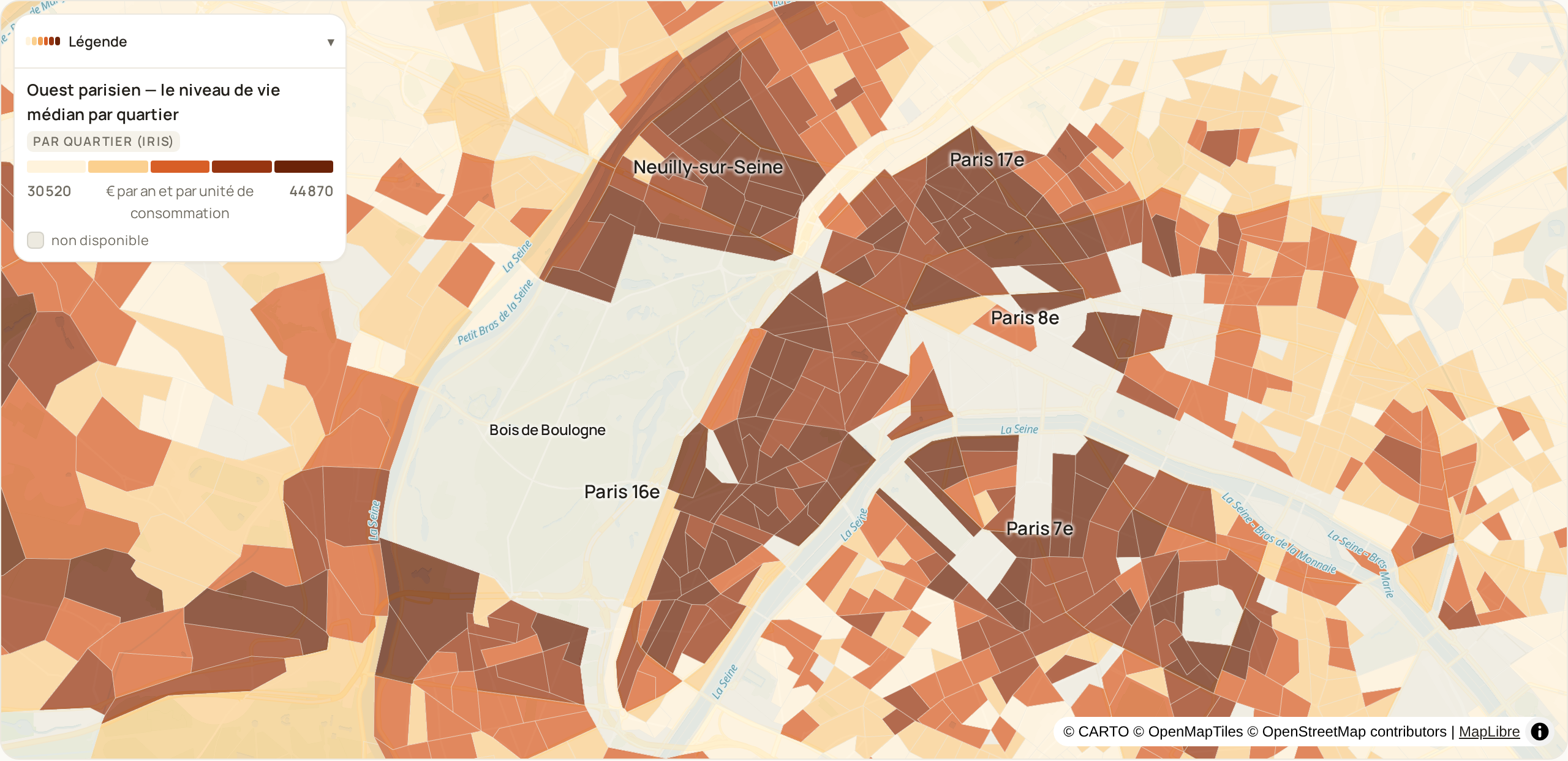 Carte du niveau de vie médian par quartier dans l'ouest de Paris et à Neuilly-sur-Seine : le découpage en quartiers fait apparaître des écarts à l'intérieur de chaque arrondissement