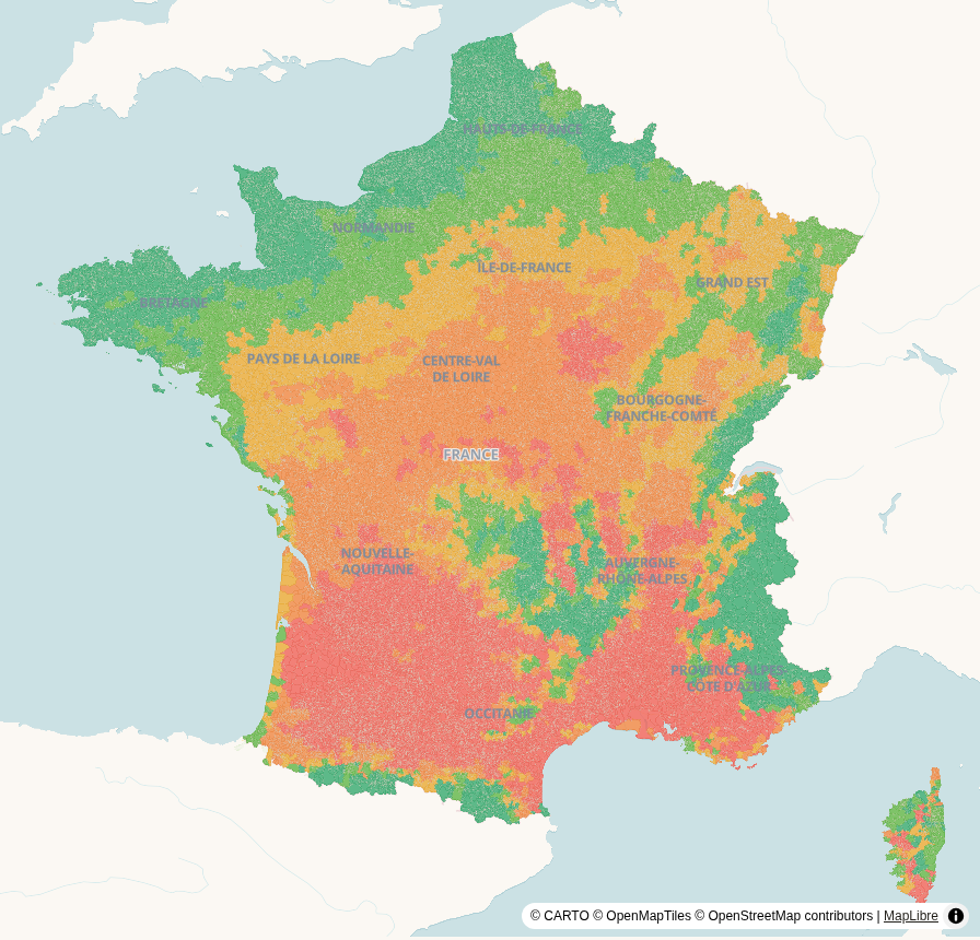 Carte de France, par commune : Jours à 35 °C ou plus en 2050