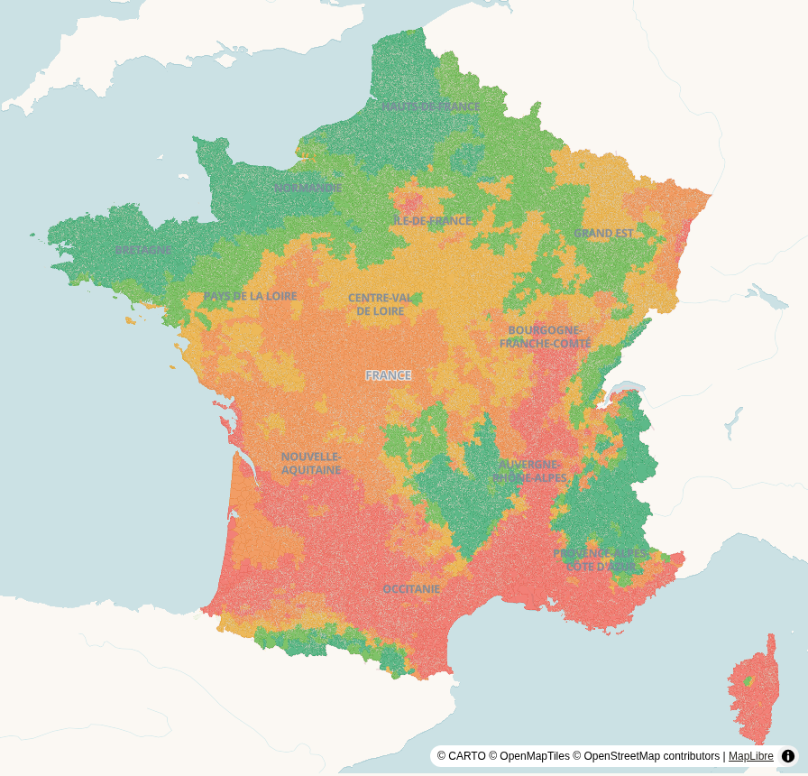 Carte de France, par commune : Nuits à plus de 20 °C en 2050