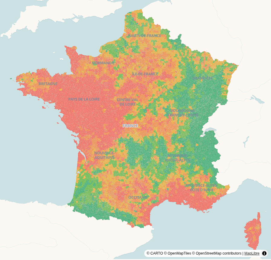 Carte de France, par commune : Jours de sol sec en été en 2050