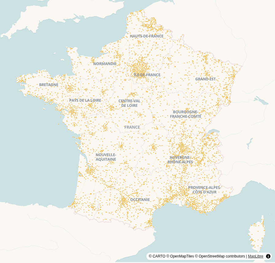 Carte de France, points géolocalisés : Crèches