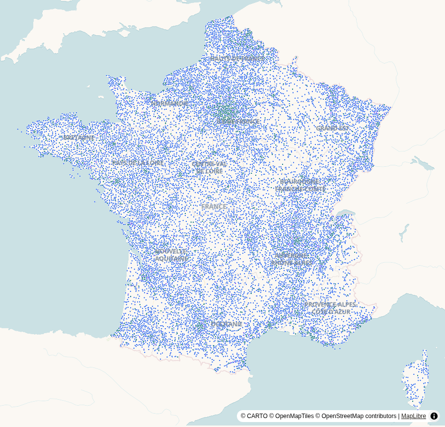 Carte de France, points géolocalisés : Établissements scolaires