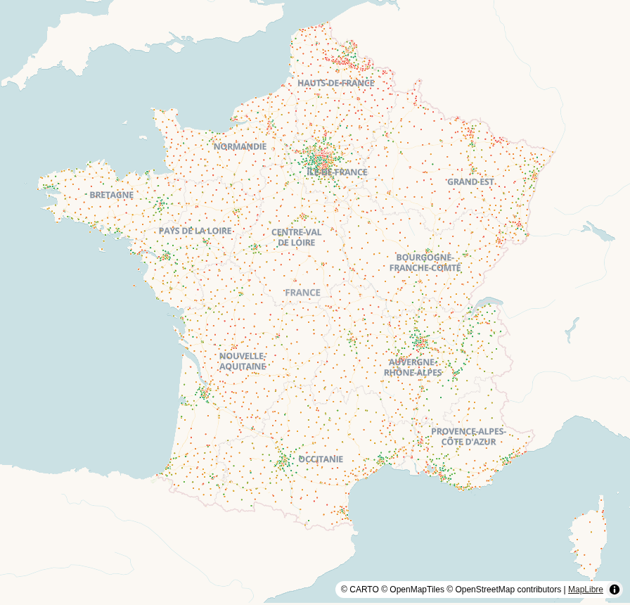 Carte de France, points géolocalisés : Mixité sociale des établissements (IPS)