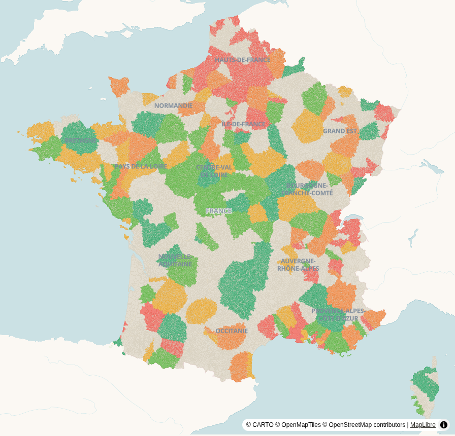 Carte de France, par commune : Qualité de l’air annuelle — particules fines PM2,5