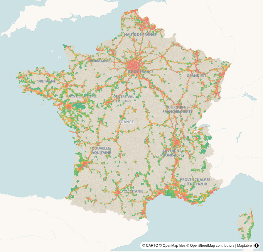 Carte de France, par commune : Bruit des transports (65 dB et plus)