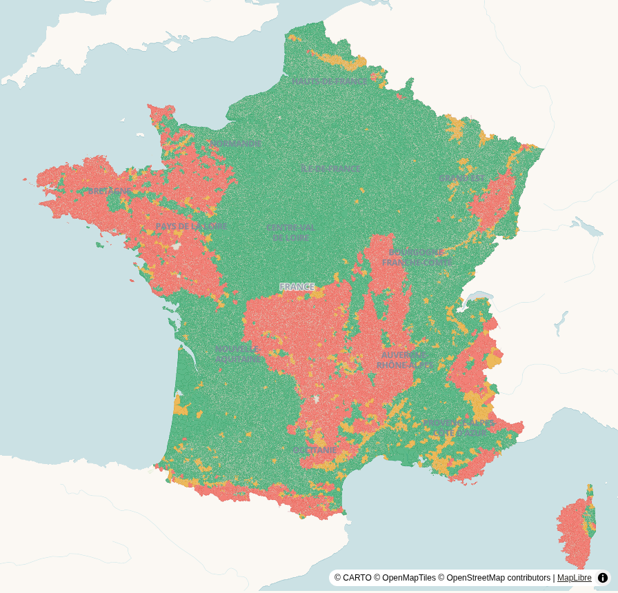 Carte de France, par commune : Radon (potentiel 1-3)