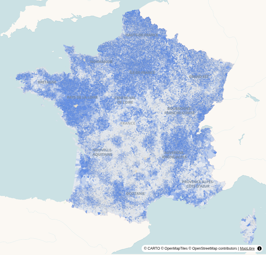 Carte de France, par commune : Structure par âge — moins de 25 ans
