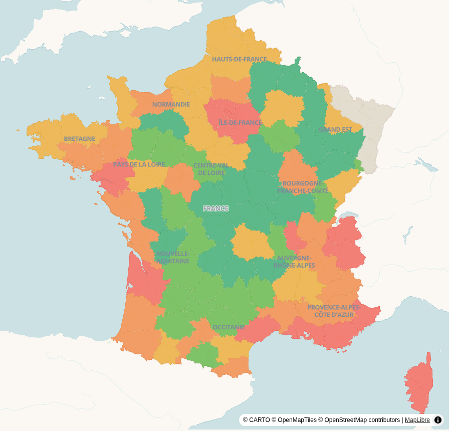 Carte de France, par département : Prix immobilier (€/m²)
