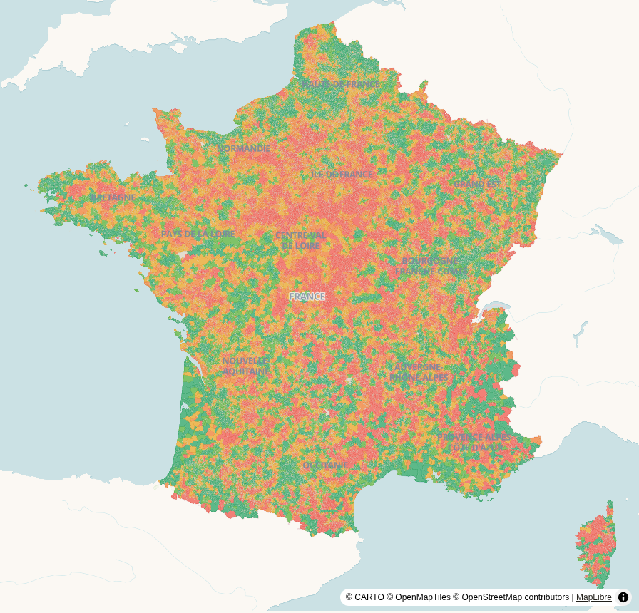 Carte de France, par commune : Accès aux médecins généralistes (APL)