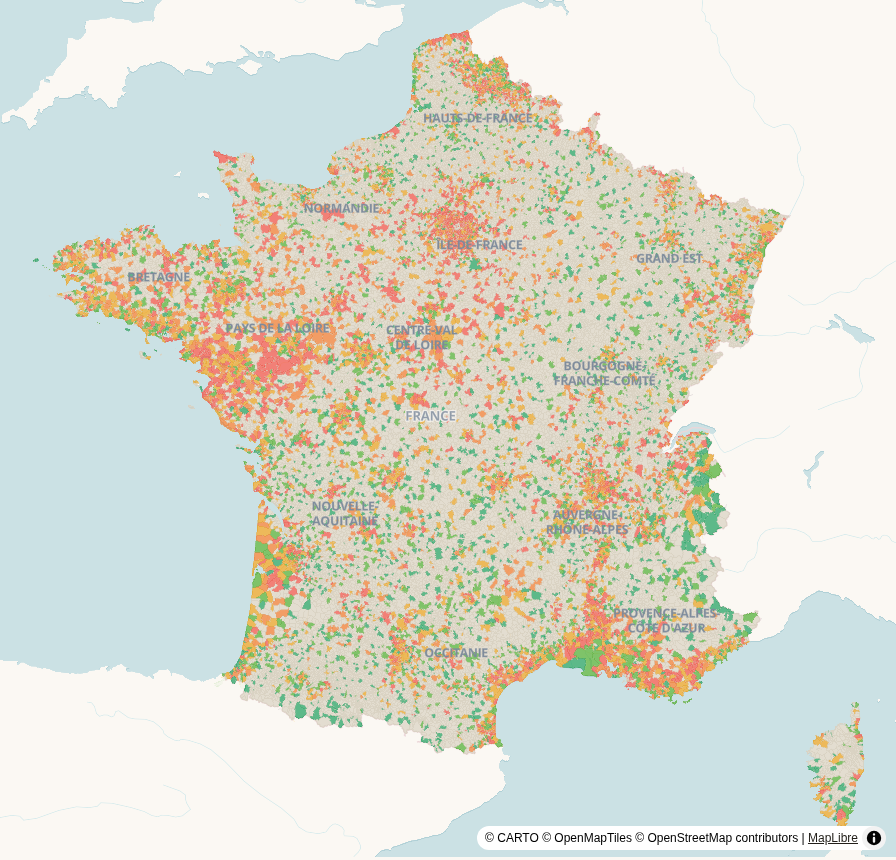 Carte de France, par commune : Densité de spécialistes libéraux — médecine générale