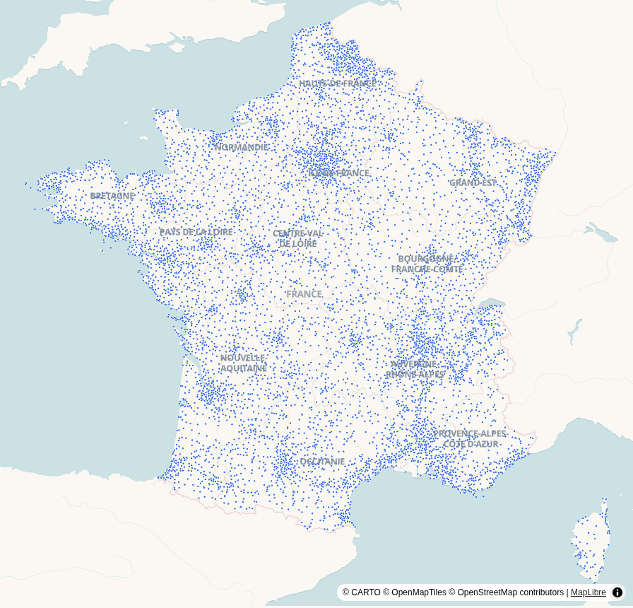 Carte de France, points géolocalisés : Médecins généralistes