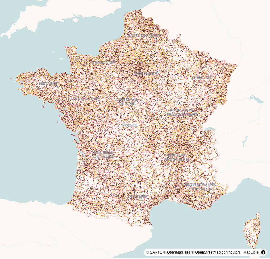Carte de France, points géolocalisés : Accidents de la route (BAAC)