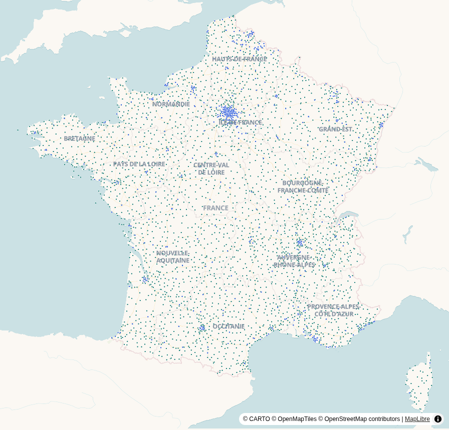 Carte de France, points géolocalisés : Commissariats & gendarmeries