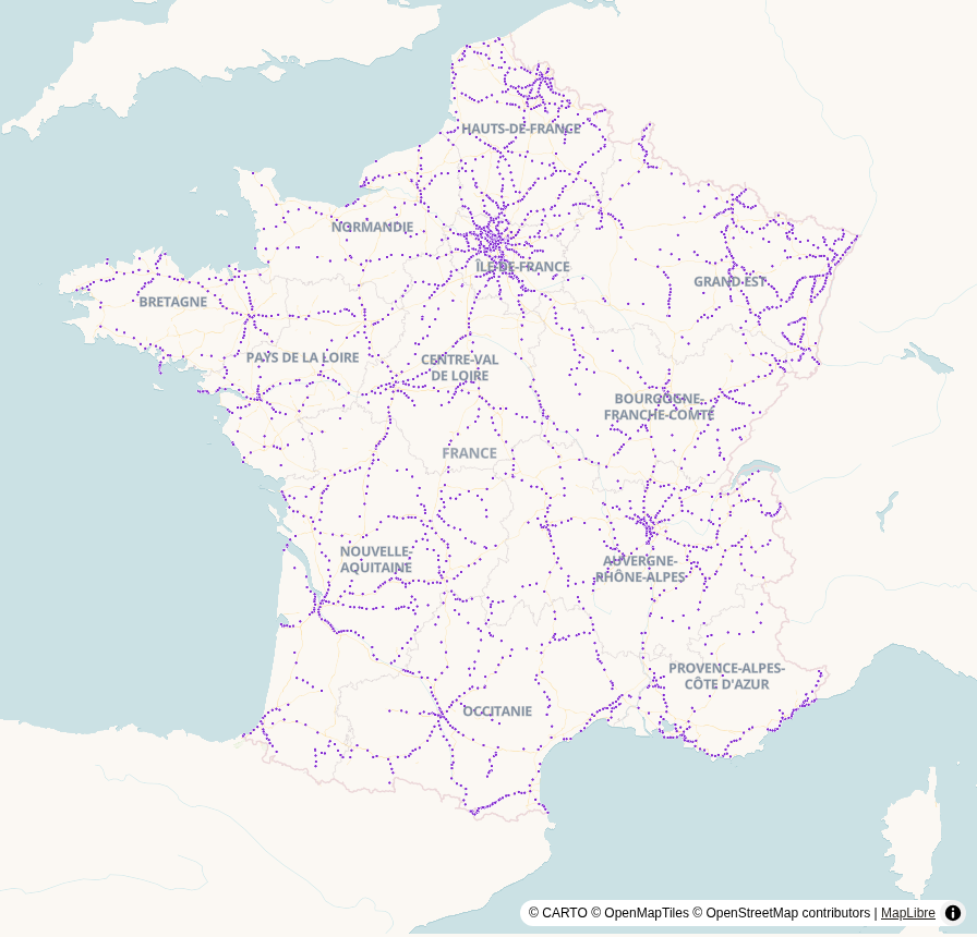 Carte de France, points géolocalisés : Gares